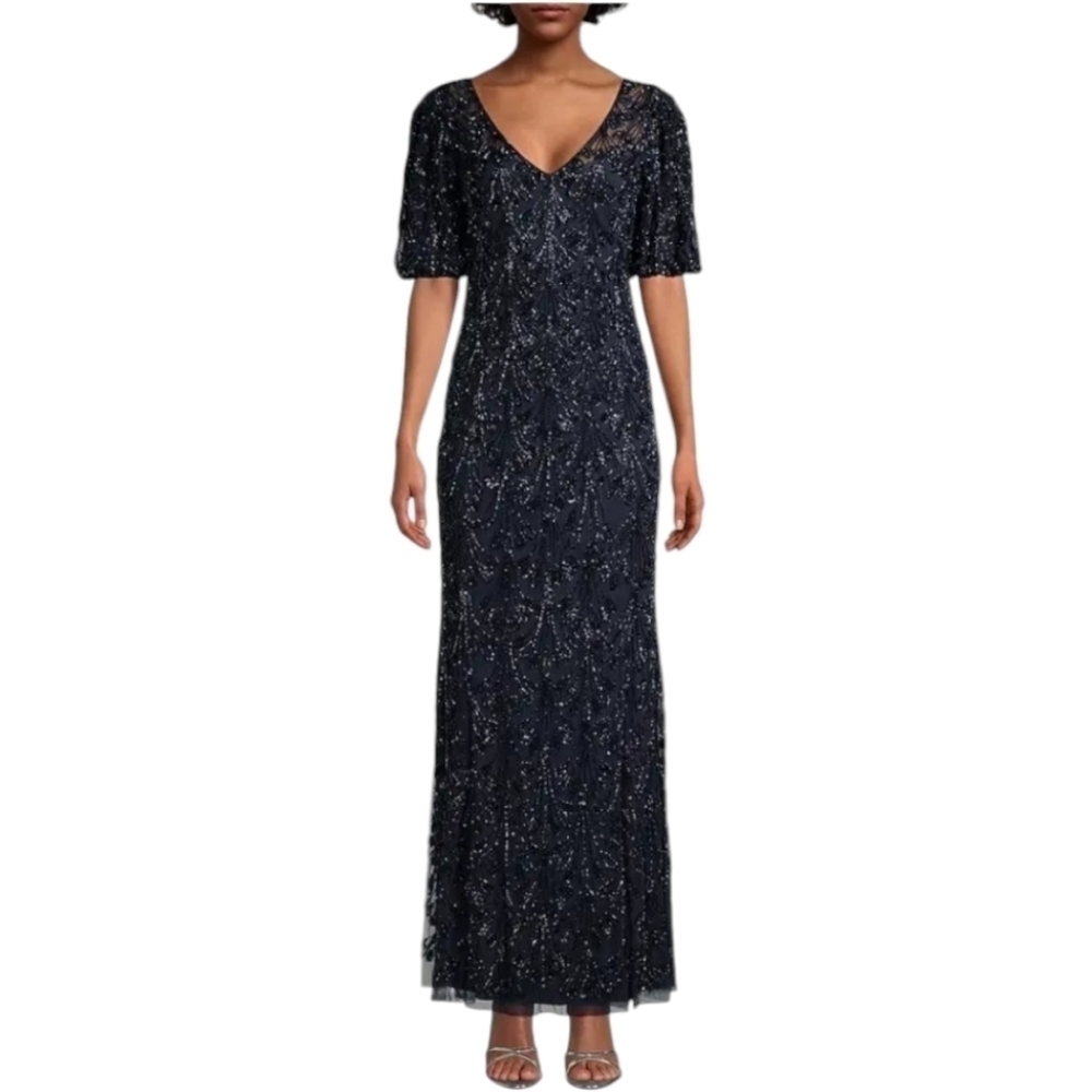 Aidan Mattox $550 NWT Beaded V-Neck Sheath Evening Gown Navy Blue, size 6